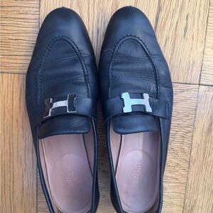 Hermes Black Moccasins with Silver Detail